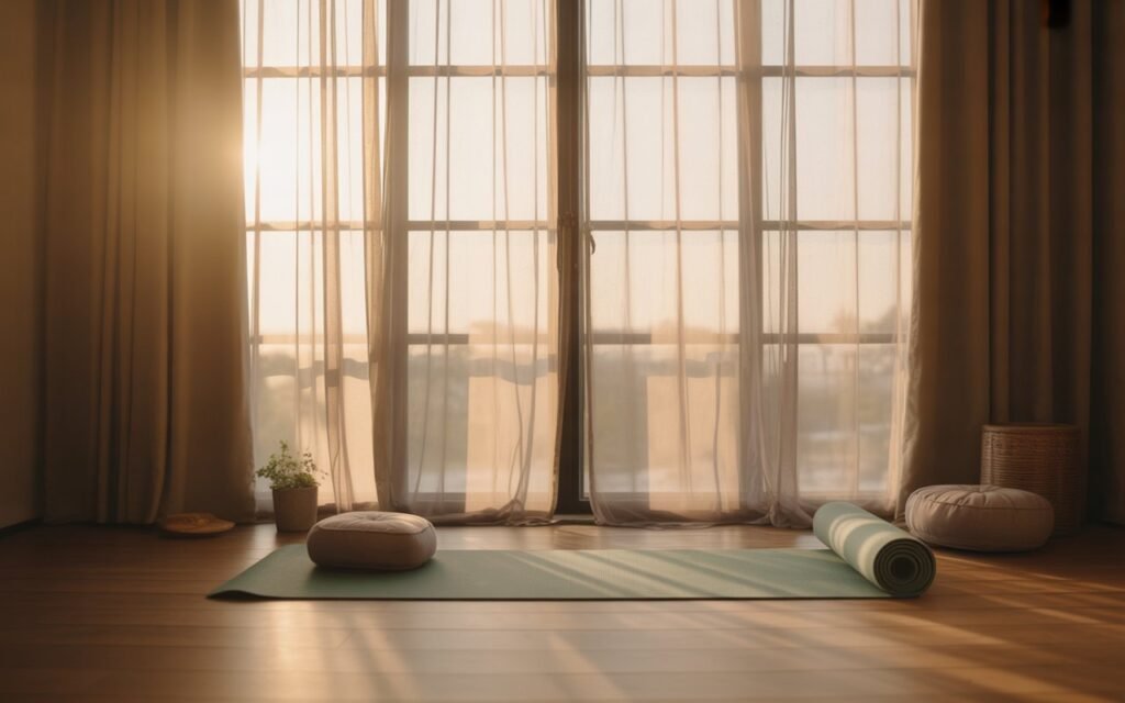 home yoga room with natural light and window setup