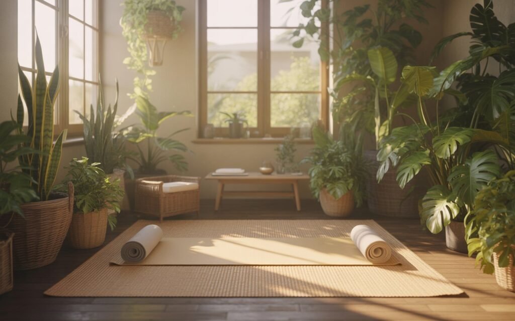 yoga room with plants creating calm environment