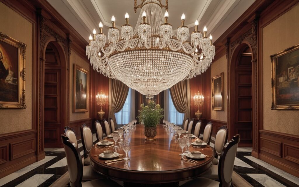 oversized chandelier in dining room