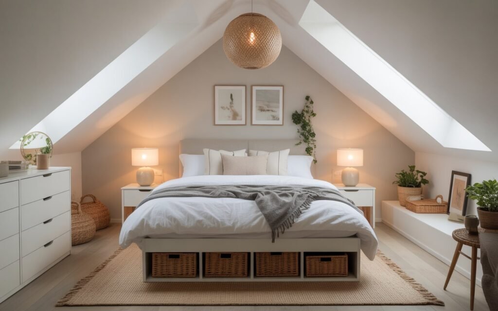 attic bedroom with stylish hidden storage and woven baskets