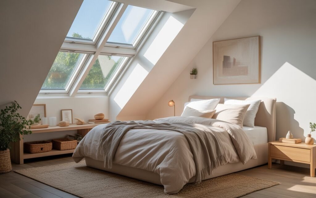 attic bedroom with skylight above bed and natural sunlight