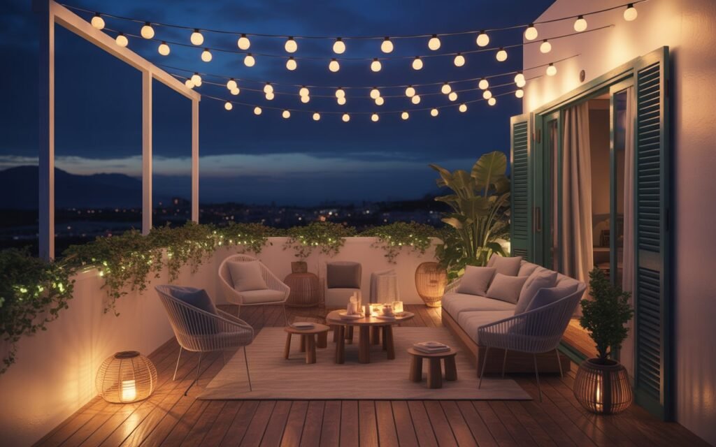 layered string lights on balcony at night