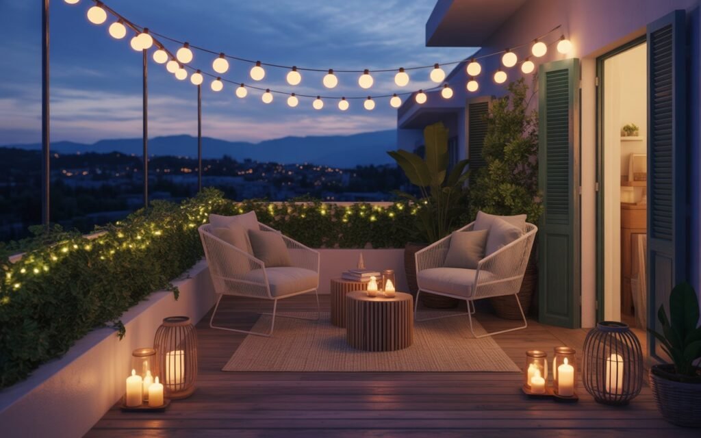 layered lighting cozy balcony