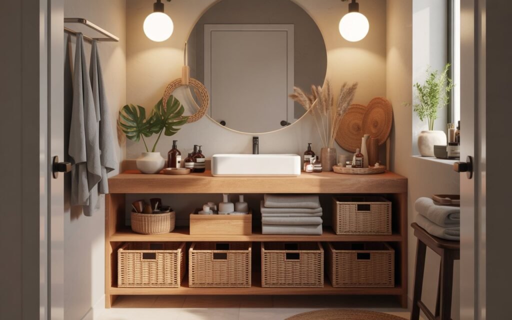 bathroom with woven storage baskets and organized space