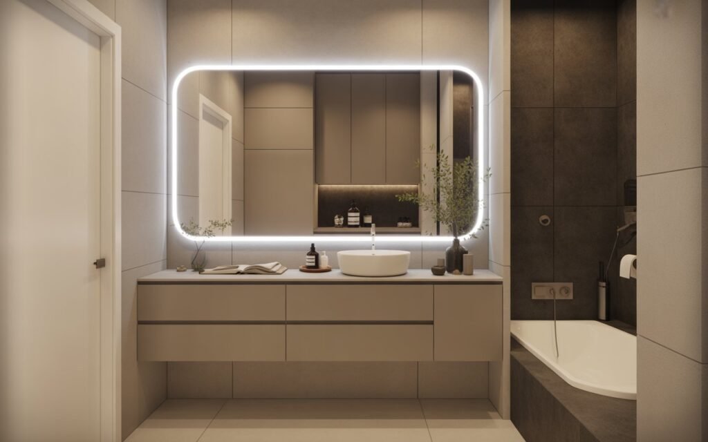 bathroom with LED mirror lighting setup
