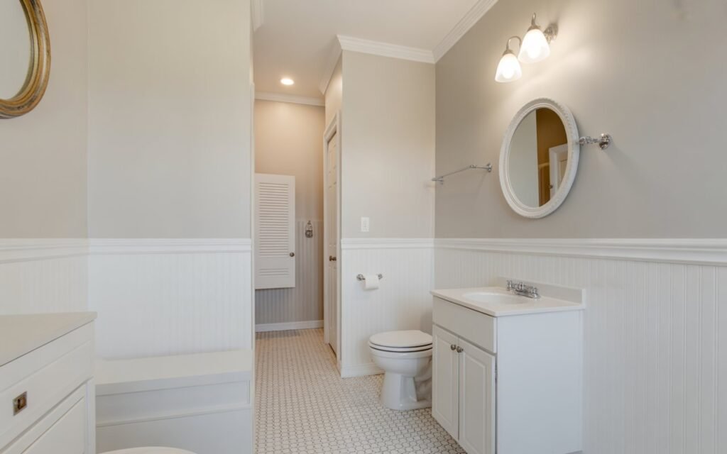 white half wall beadboard bathroom