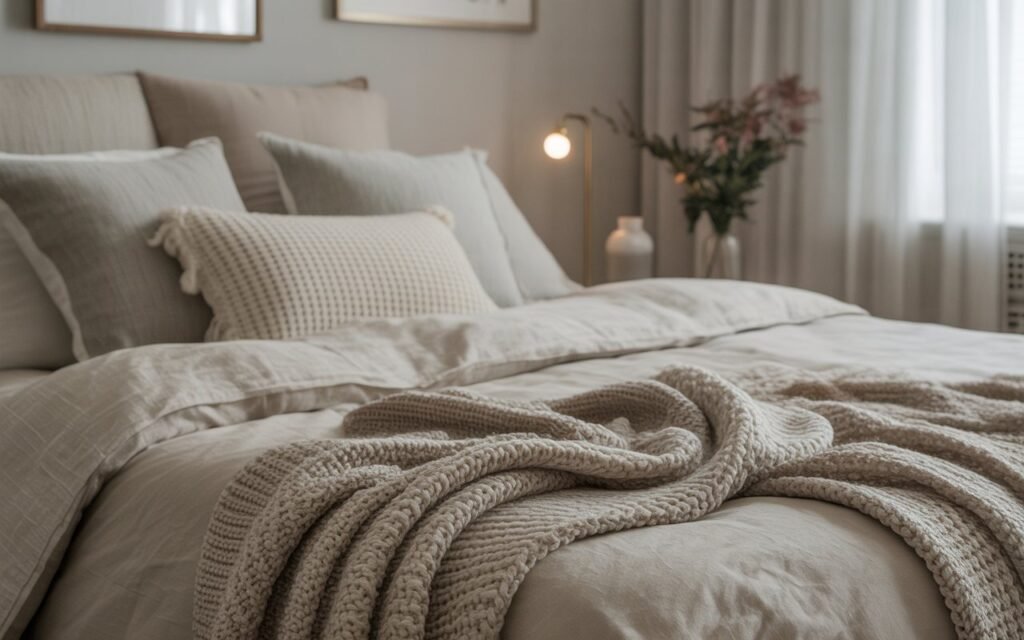 bed with textured throw blanket styling
