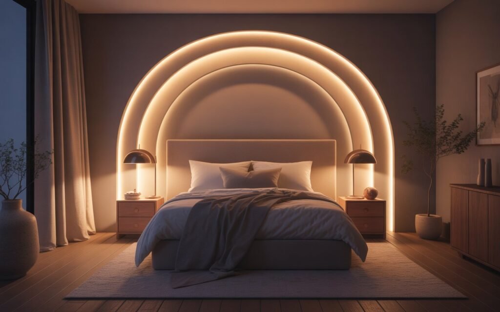 cozy bedroom with evening lighting ambiance
