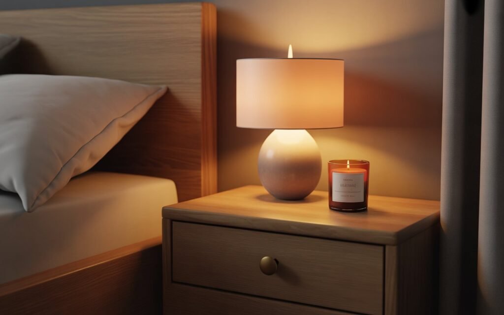 candle adding warm mood to nightstand