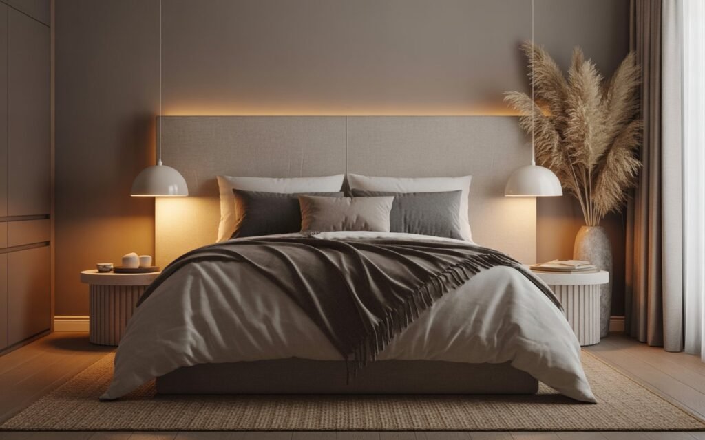 bedroom with upholstered headboard and layered bedding