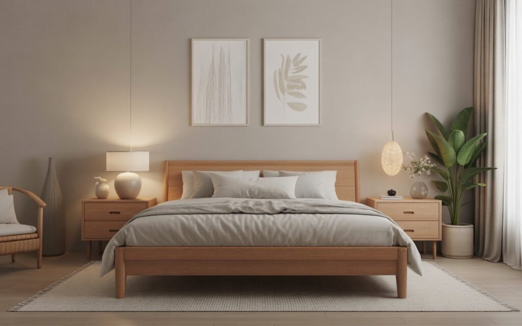 bedroom with warm wood furniture and neutral tones