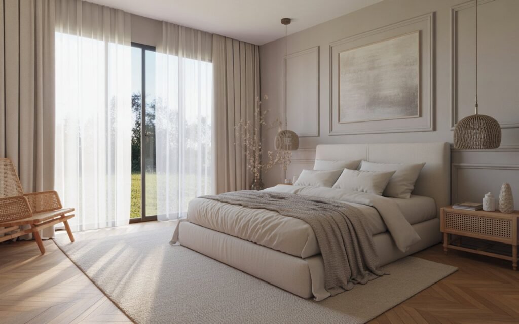 bedroom with sheer curtains and soft natural light