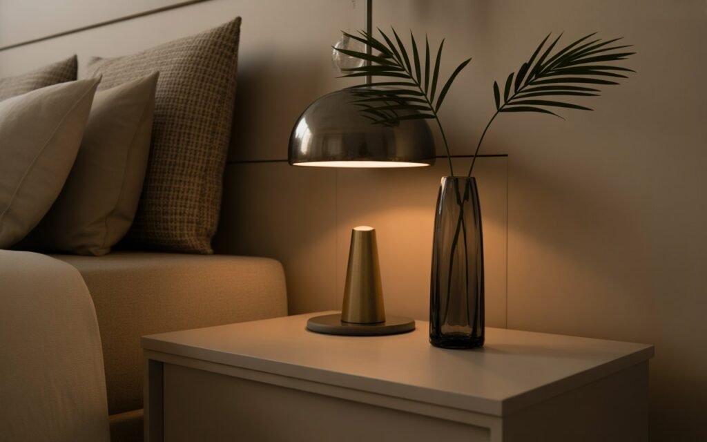 tall decor creating vertical balance on nightstand