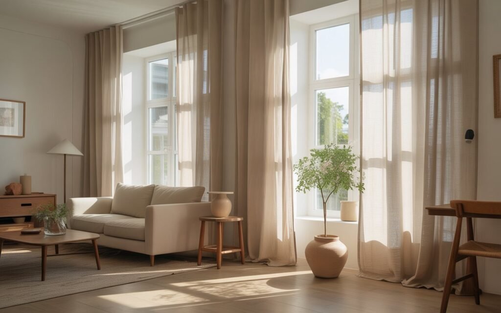 minimalist living room with natural linen curtains and soft light