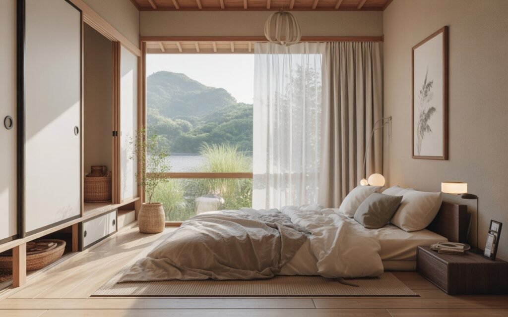 japanese bedroom with natural light and sheer curtains