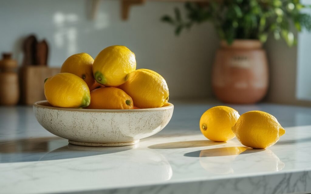 bright kitchen counter aesthetic, white marble surface, ceramic bowl filled with fresh lemons