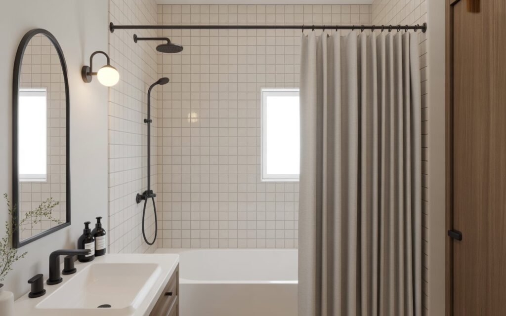 bathroom with modern linen shower curtain and minimal design
