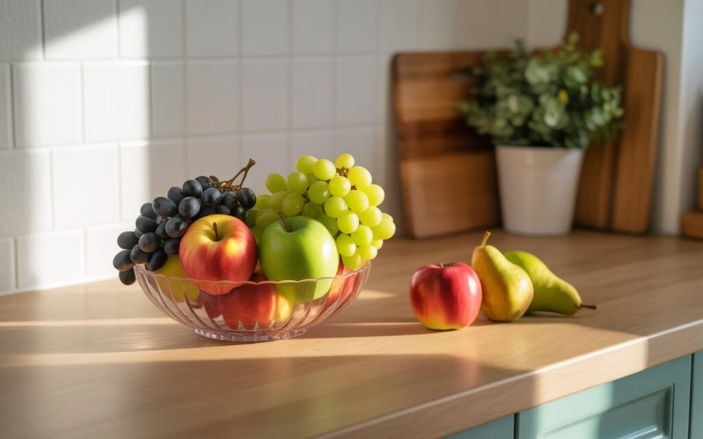 clean kitchen counter aesthetic with glass fruit bowl