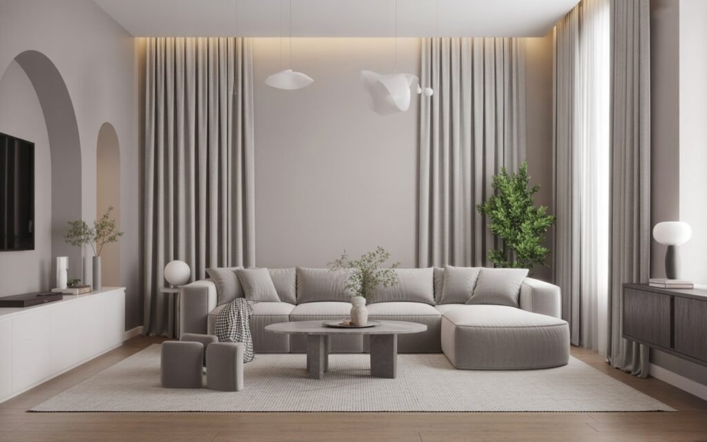 modern living room with simple solid color curtains