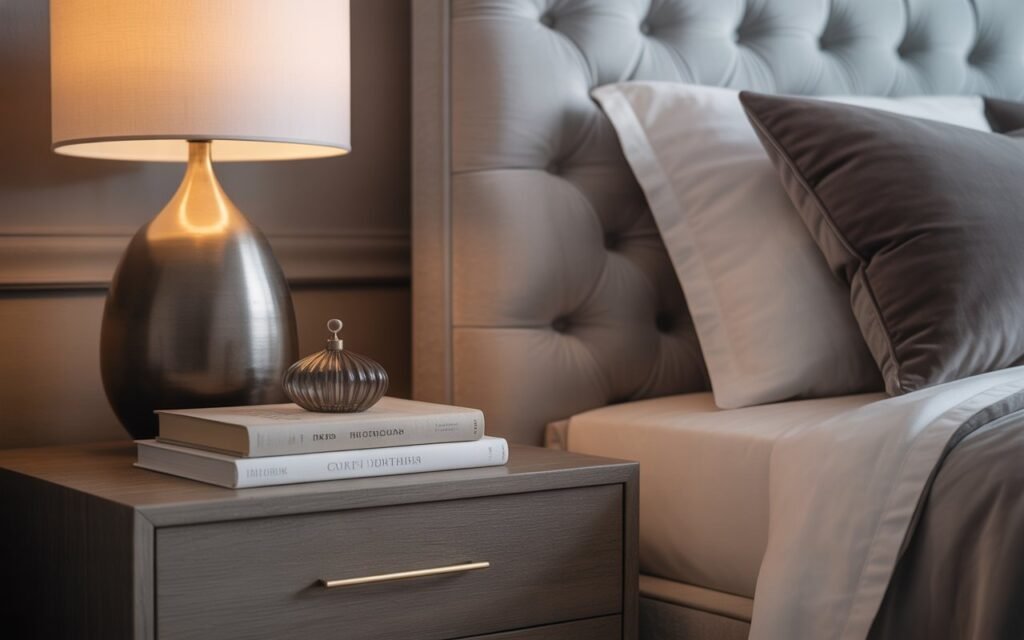 stacked books used for nightstand styling