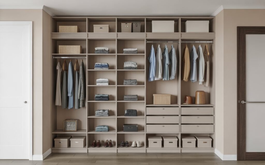closet with shelves designed in different depths for efficient storage