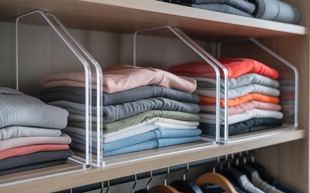 closet with shelf dividers keeping clothes stacks organized