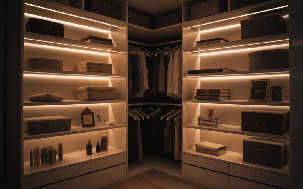 closet shelving with LED lighting for visibility and style