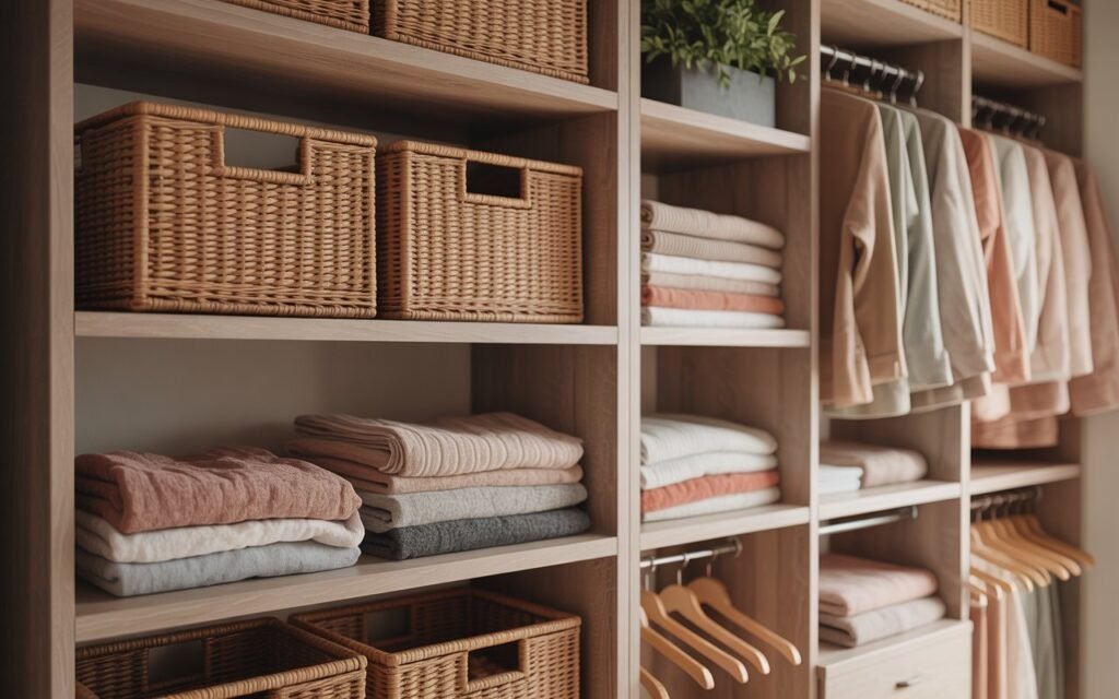 closet shelves with woven baskets for hidden storage