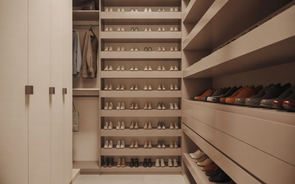 closet with narrow shelving for organized shoe storage
