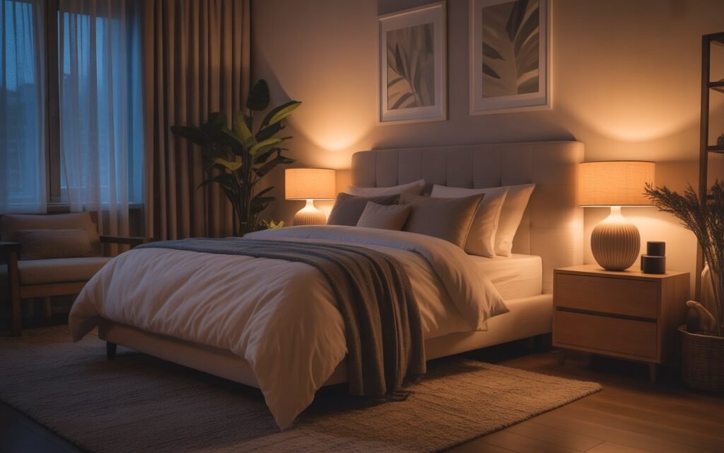 bedroom with warm ambient lighting