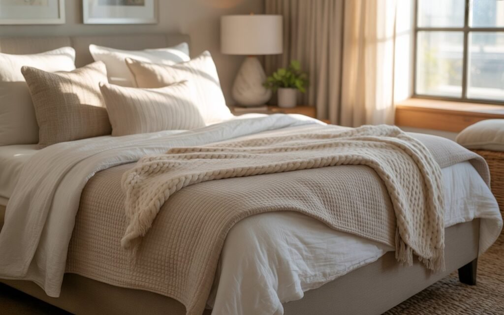 layered neutral bedding in cozy pottery barn style bedroom