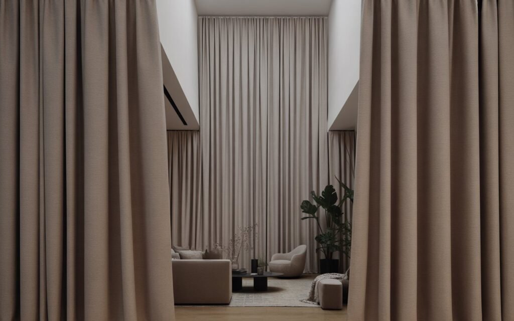 tall living room with floor-to-ceiling curtains creating height effect