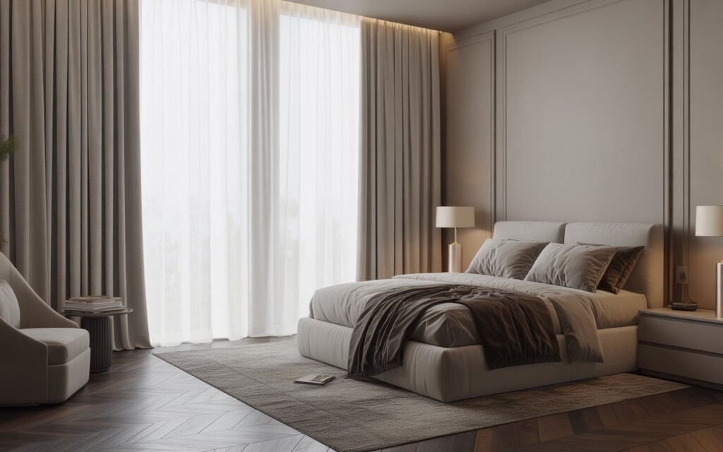 floor to ceiling drapery in luxury bedroom