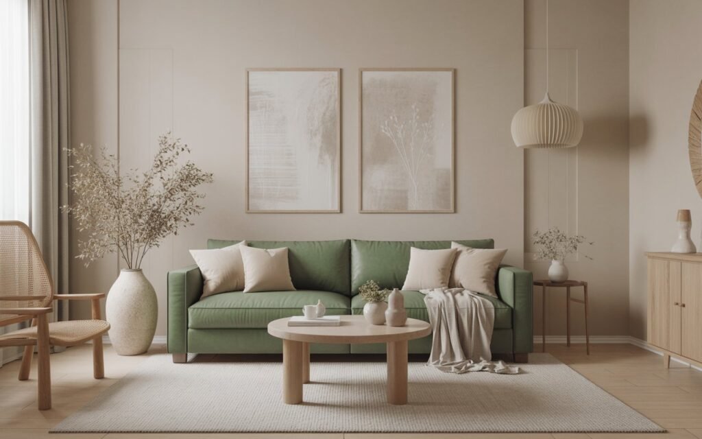 green sofa living room with neutral walls