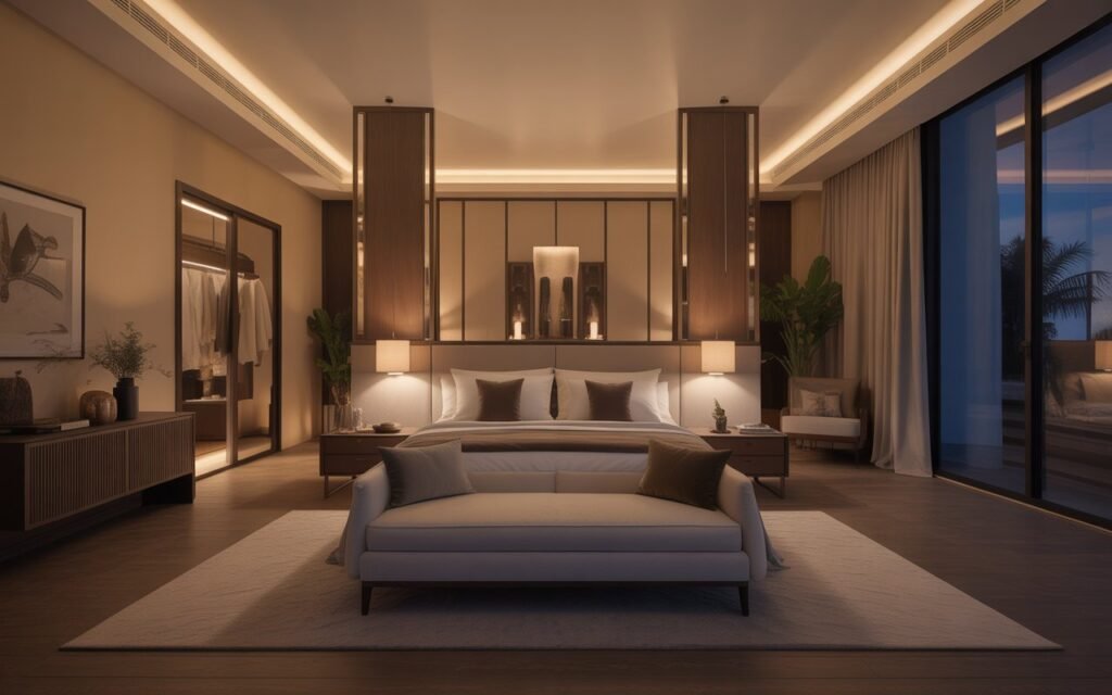 hotel style layout luxury master bedroom