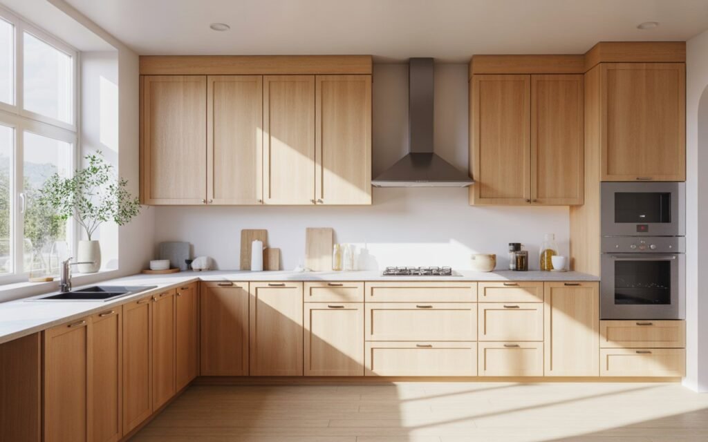 light wood kitchen cabinets in a bright modern kitchen