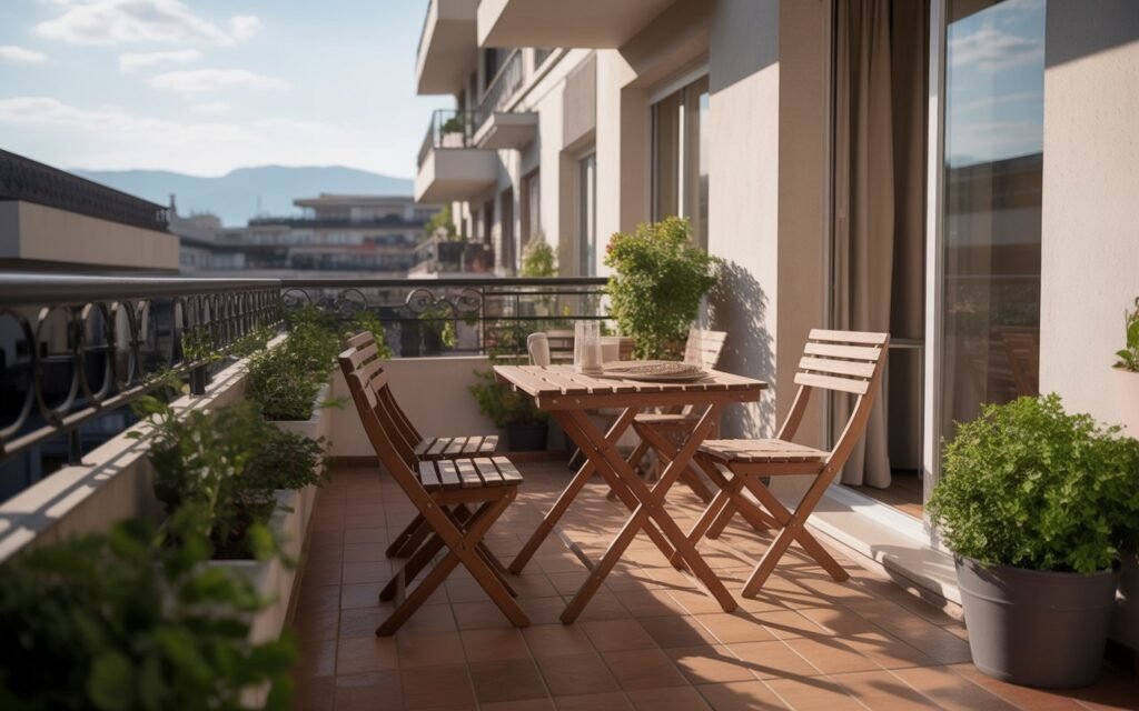 foldable furniture setup on small apartment balcony