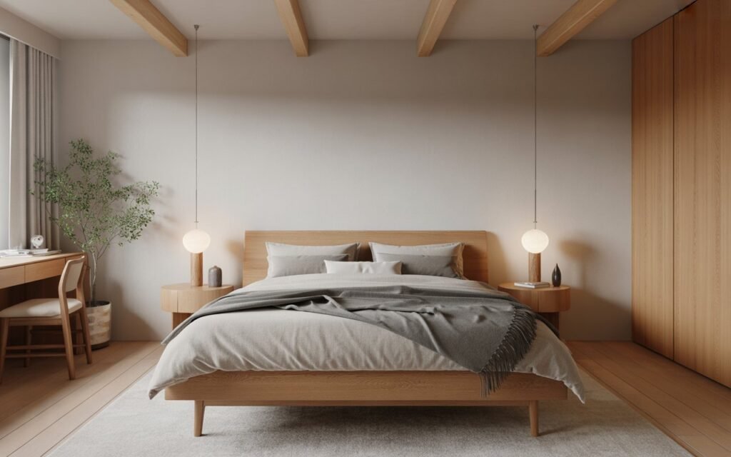 japandi bedroom with natural wood furniture
