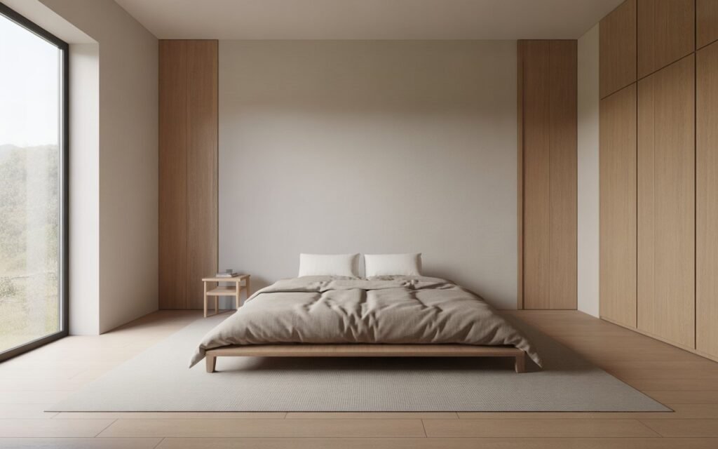 japandi bedroom with minimal furniture and open uncluttered layout
