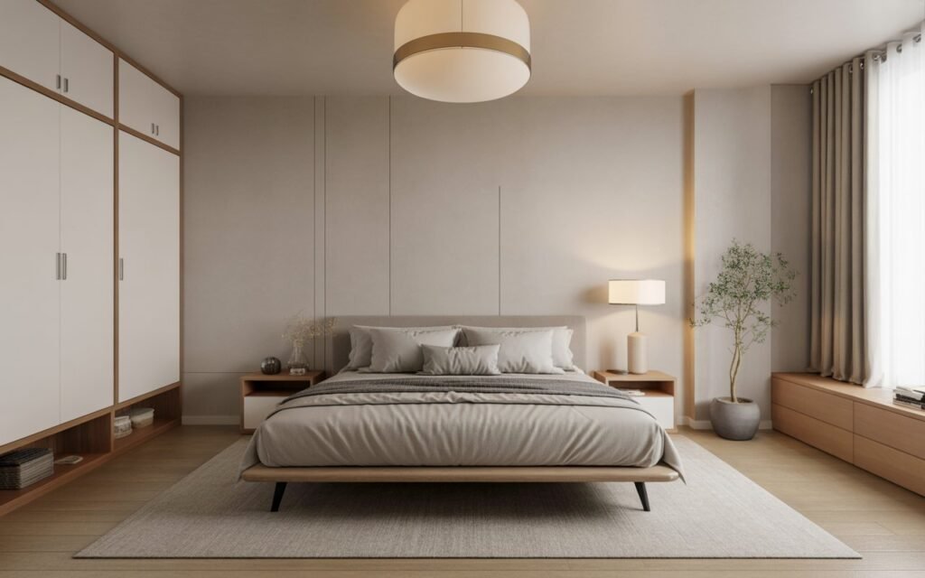 japandi bedroom with clean line furniture and simple shapes