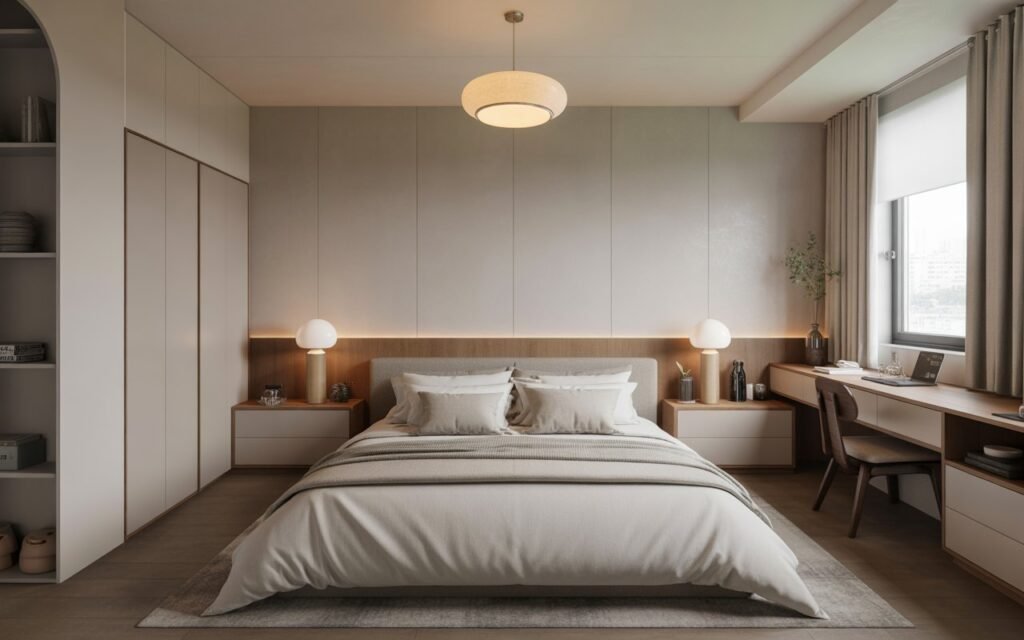 japandi bedroom with clean decluttered surfaces