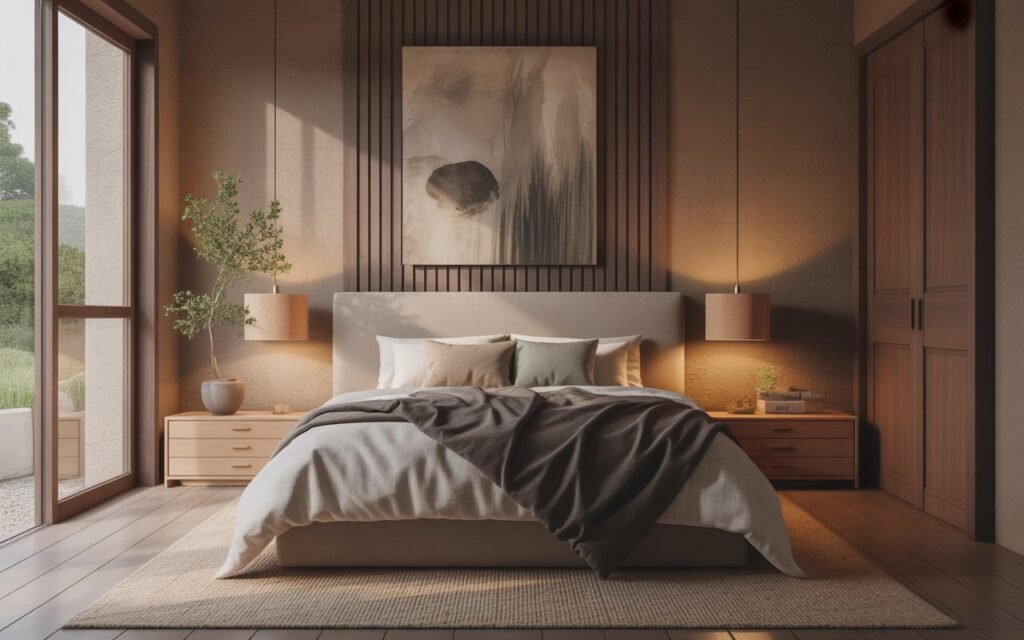japandi bedroom with warm earthy tones and wood textures