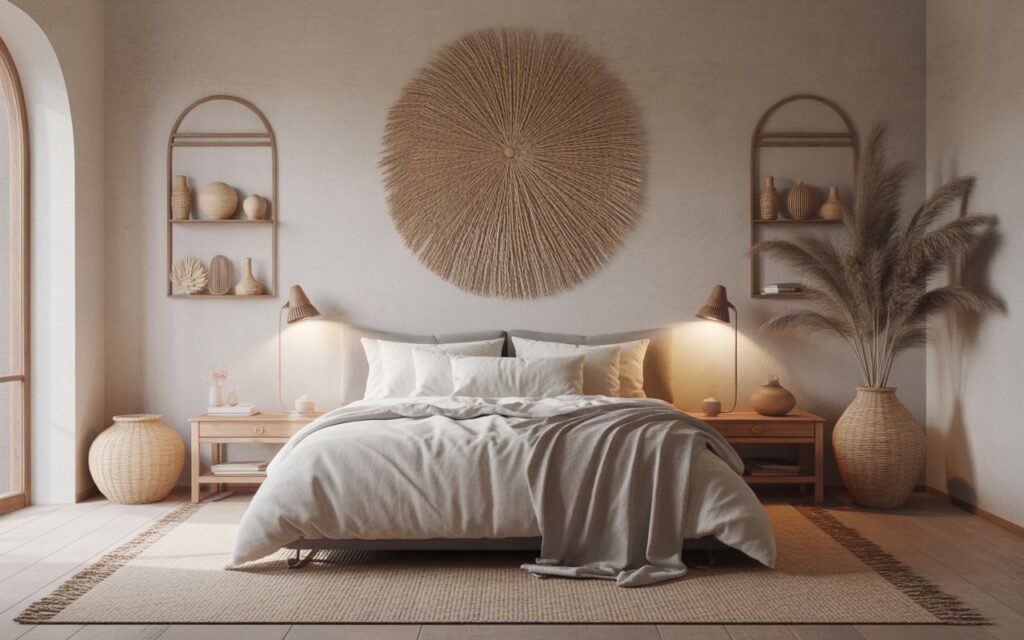 japandi bedroom with handmade decor and artisan elements