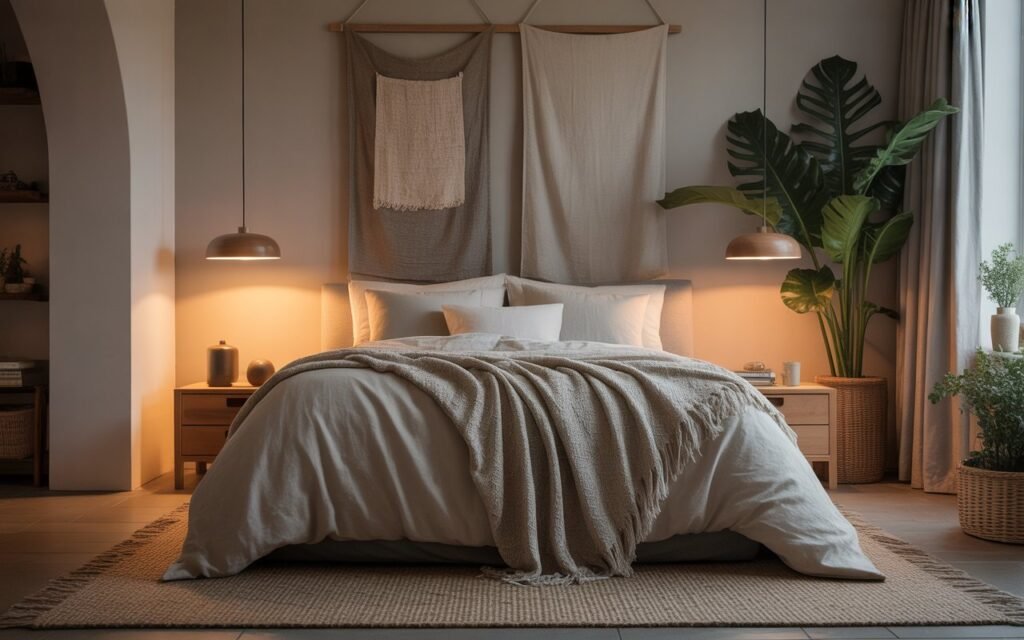 japandi bedroom with cozy layered linen bedding and soft textures