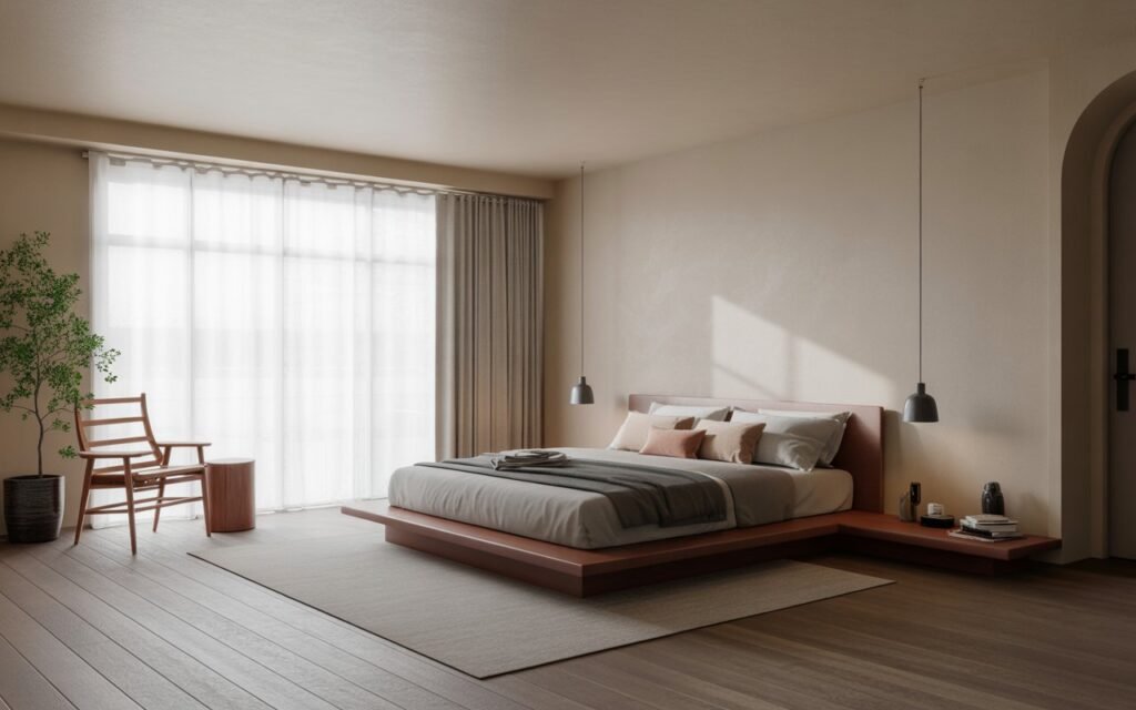 japandi bedroom with low platform bed