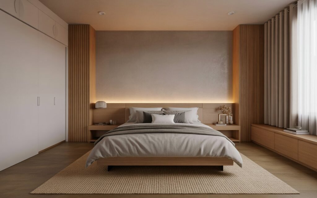japandi bedroom with neutral textured rug