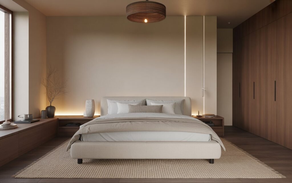 japandi bedroom with neutral textured rug