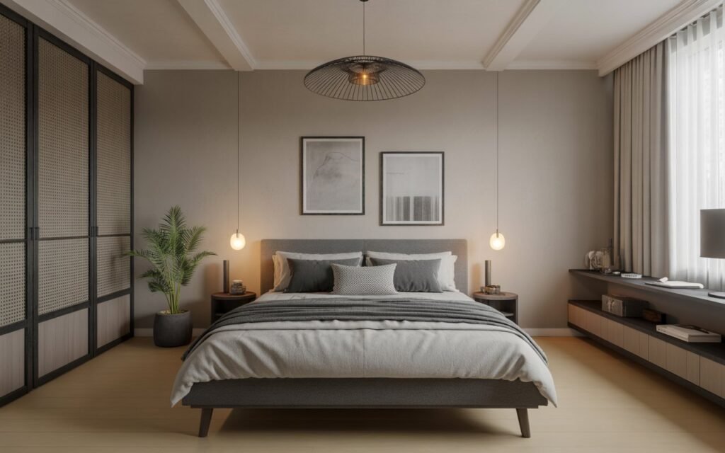japandi bedroom with black accent details