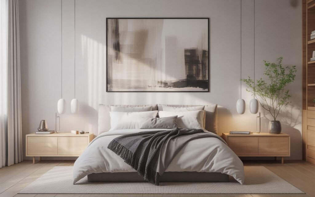 japandi bedroom with subtle minimalist wall art