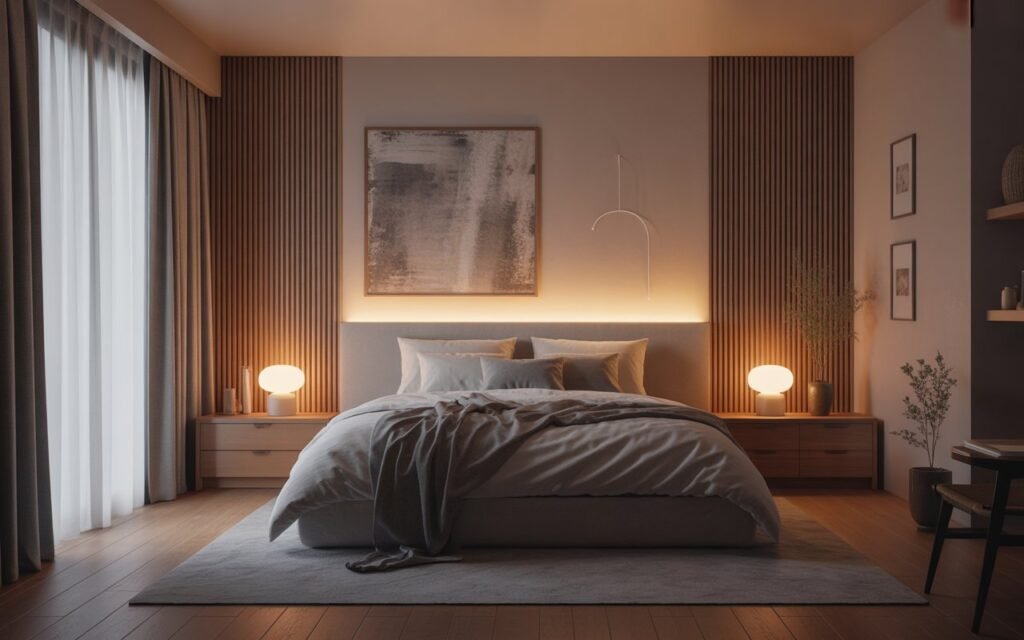 japandi bedroom with warm ambient lighting and soft glow